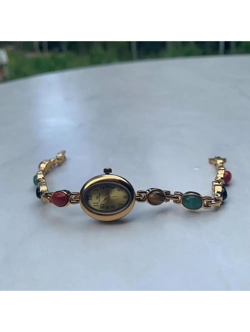 Indie Boho Gold style tone quartz watch with glass multicolored jade stone opal